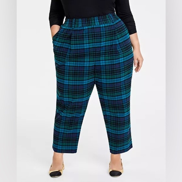 On 34th Blue Plaid Trousers elastic waist plus sizes - Picture 2 of 2
